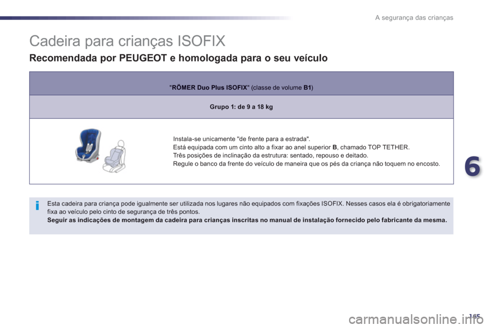 Peugeot 508 RXH 2012 Manual do proprietário (in Portuguese) 6
165
A segurança das crianças
Cadeira para crianças ISOFIX
Esta cadeira para criança pode igualmente ser utilizada nos lugares não equipados com fixações I Peugeot 508 RXH 2012 Manual do proprietário (in Portuguese) 6
165
A segurança das crianças
Cadeira para crianças ISOFIX
Esta cadeira para criança pode igualmente ser utilizada nos lugares não equipados com fixações I