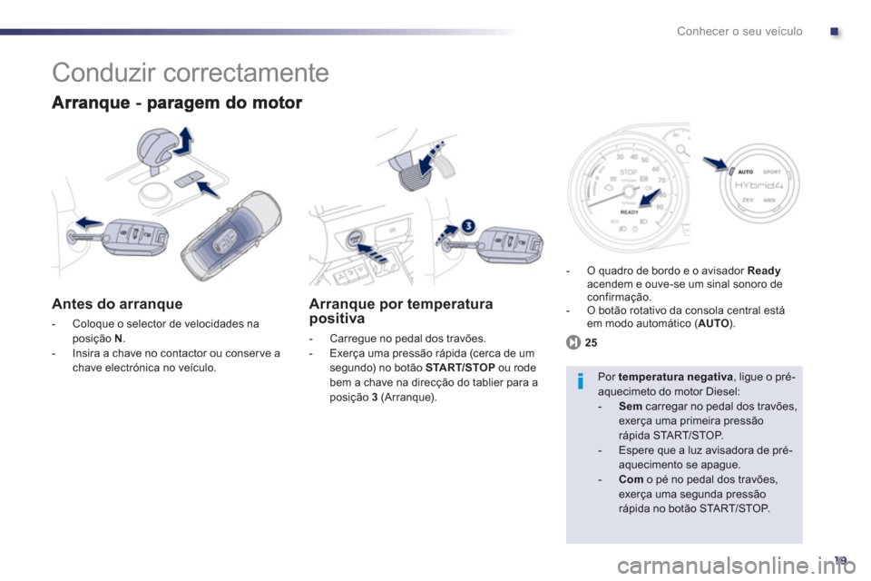 Peugeot 508 RXH 2012  Manual do proprietário (in Portuguese) .
19
Conhecer o seu veículo
  Conduzir correctamente 
 
 Antes do arranque 
 
 
 
-   Coloque o selector de velocidades naposição  N. 
 
-  Insira a chave no contactor ou conserve achave electróni
