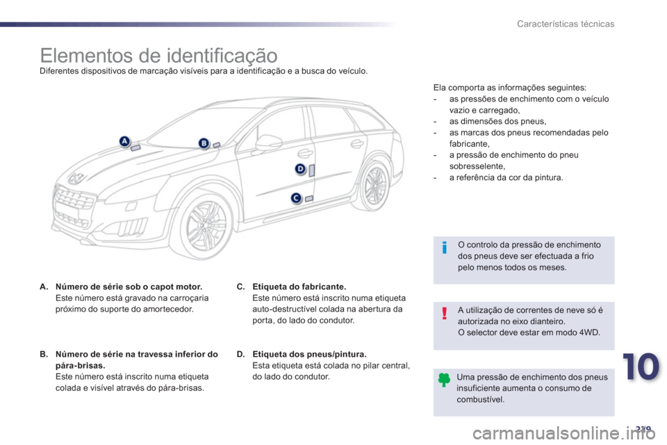 Peugeot 508 RXH 2012 Manual do proprietário (in Portuguese) 10
229
Características técnicas
Elementos de identifi cação
Diferentes dispositivos de marcação visíveis para a identificação e a busca do veículo.
A.Nú Peugeot 508 RXH 2012 Manual do proprietário (in Portuguese) 10
229
Características técnicas
Elementos de identifi cação
Diferentes dispositivos de marcação visíveis para a identificação e a busca do veículo.
A.Nú