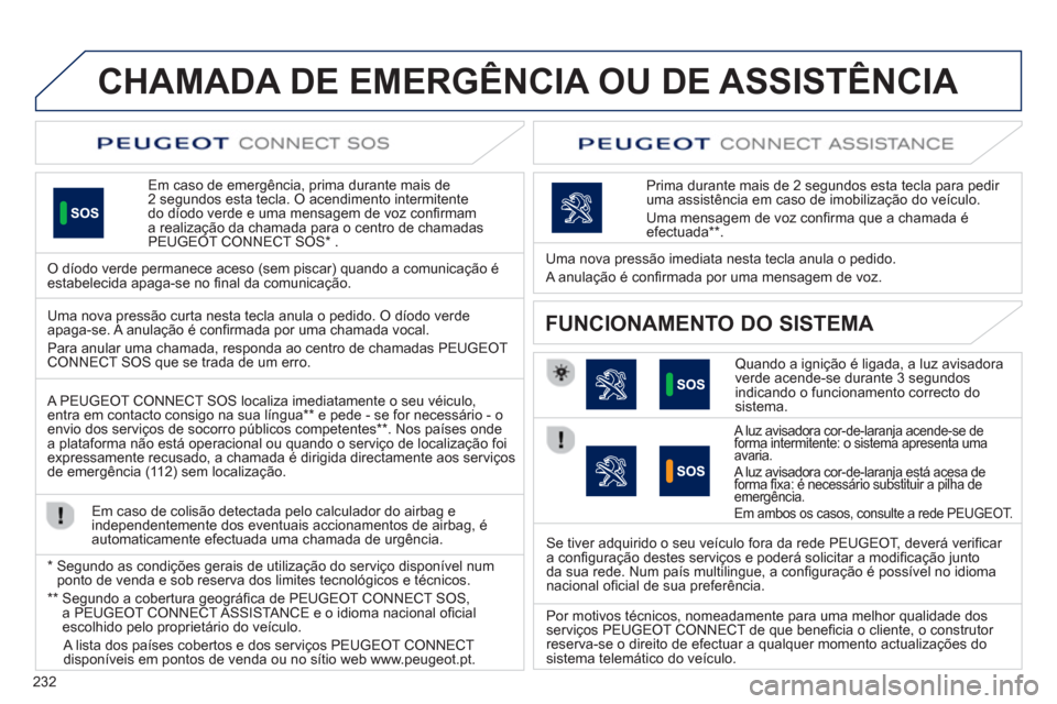 Peugeot 508 RXH 2012 Manual do proprietário (in Portuguese) 232
CHAMADA DE EMERGÊNCIA OU DE ASSISTÊNCIA
Em caso de emergência, prima durante mais de 2 segundos esta tecla. O acendimento intermitente
do díodo verde e uma mensagem de voz confi rmam a rea Peugeot 508 RXH 2012 Manual do proprietário (in Portuguese) 232
CHAMADA DE EMERGÊNCIA OU DE ASSISTÊNCIA
Em caso de emergência, prima durante mais de 2 segundos esta tecla. O acendimento intermitente
do díodo verde e uma mensagem de voz confi rmam a rea