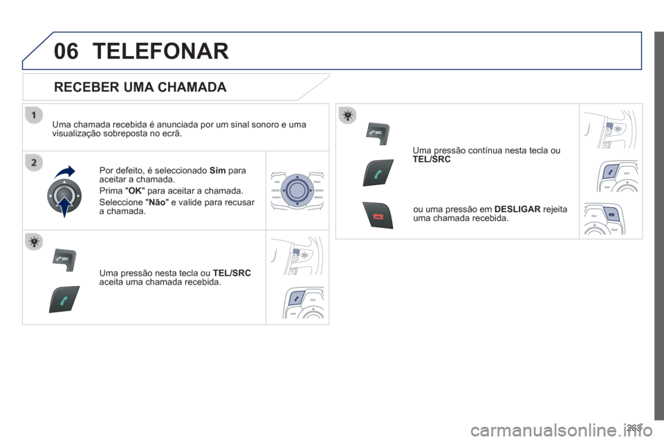 Peugeot 508 RXH 2012  Manual do proprietário (in Portuguese) 263
06TELEFONAR
   
RECEBER UMA CHAMADA 
 
 
Uma chamada recebida é anunciada por um sinal sonoro e uma 
visualização sobreposta no ecrã.  
Por de
feito, é seleccionado  Sim   paraaceitar a chama