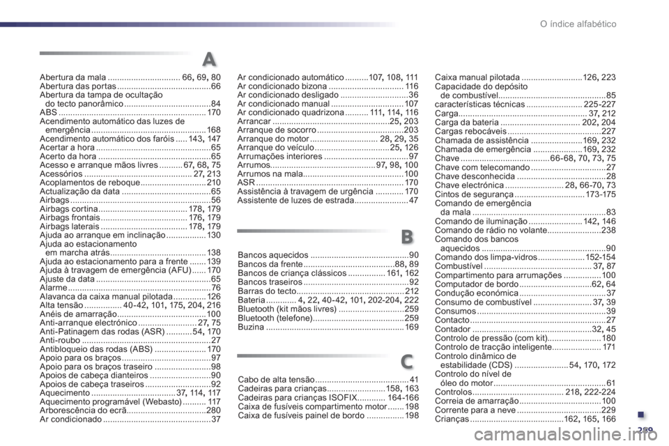 Peugeot 508 RXH 2012  Manual do proprietário (in Portuguese) .
289 O índice alfabético
Abertura da mala ...............................66, 69, 80Abertura das portas........................................66Aber tura da tampa de ocultação
do tecto panorâmic