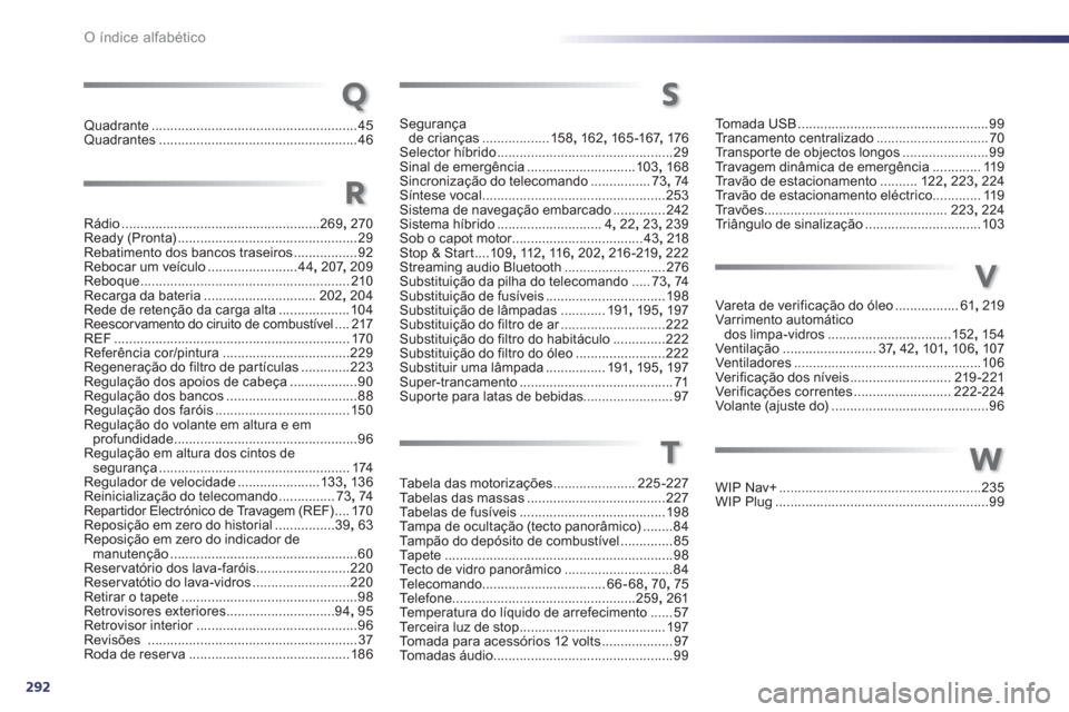 Peugeot 508 RXH 2012  Manual do proprietário (in Portuguese) 292O índice alfabético
Segurançade crianças..................158, 162,165-167,176Selector híbrido...............................................29Sinal de emergência.............................