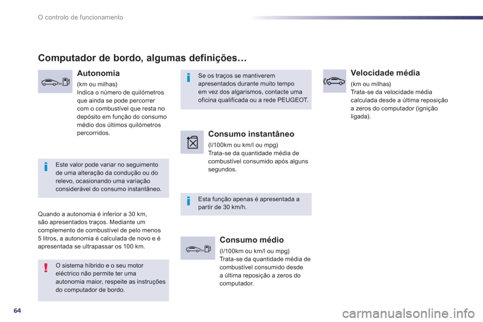 Peugeot 508 RXH 2012  Manual do proprietário (in Portuguese) 64
O controlo de funcionamento
Se os traços se mantiveremapresentados durante muito tempoem vez dos algarismos, contacte uma oficina qualificada ou a rede PEUGEOT.   
Esta função apenas é apresent