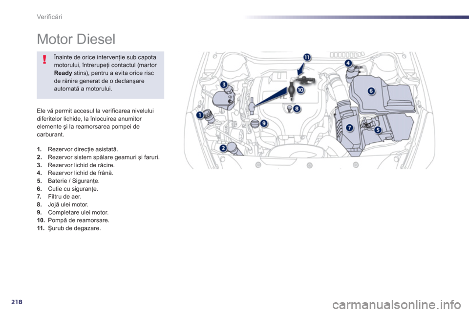 Peugeot 508 RXH 2012  Manualul de utilizare (in Romanian) 218
Ver if icări
Ele vă permit accesul la verificarea nivelului
diferitelor lichide, la înlocuirea anumitor elemente şi la reamorsarea pompei decarburant.
 
 
 
 
 
 
 
 
 
 
 
 
 
 
 
Motor Diese