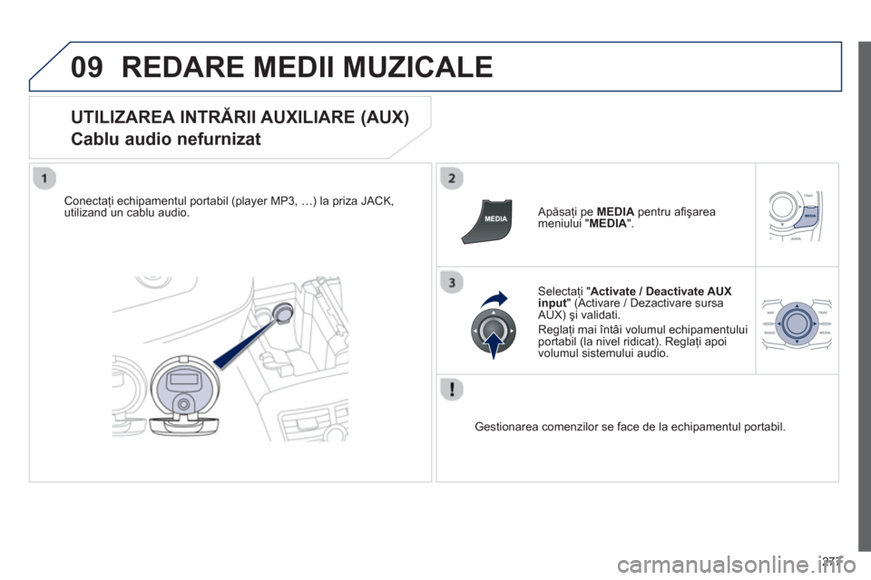 Peugeot 508 RXH 2012  Manualul de utilizare (in Romanian) 277
09REDARE MEDII MUZICALE
   
UTILIZAREA INTRĂRII AUXILIARE (AUX)  
Cablu audio nefurnizat 
Conectaţi echipamentul portabil (player MP3, 