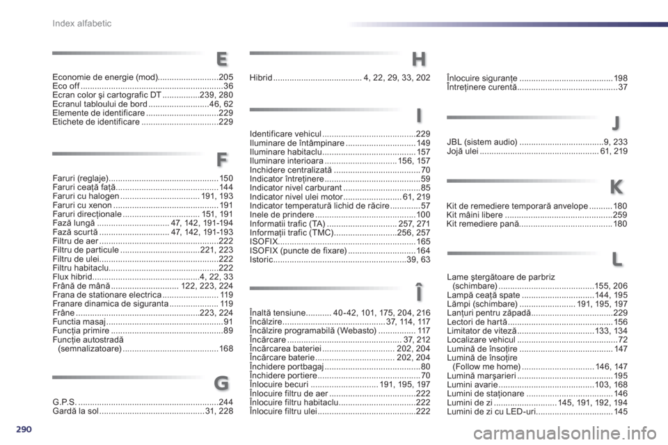 Peugeot 508 RXH 2012  Manualul de utilizare (in Romanian) 290
Index alfabetic
Faruri (reglaje) ............................................... 150Faruri ceaţă faţă............................................144Faruri cu halogen...........................