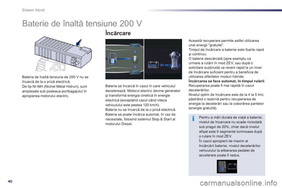 Peugeot 508 RXH 2012  Manualul de utilizare (in Romanian) 40
Sistem hibrid
   
 
 
 
 
 
 
 
Baterie de înaltă tensiune 200 V 
Bateria de înaltă tensiune de 200 V nu seîncarcă de la o priză electrică. 
De tip Ni-MH (Nichel Metal Hidruri), sunt amplas
