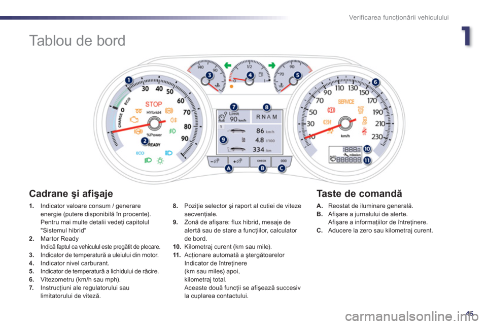 Peugeot 508 RXH 2012  Manualul de utilizare (in Romanian) 1
45
Ver if ic area f uncţionării vehiculului
 
 
 
 
 
 
 
 
 
Tablou de bord 
1. 
  Indicator valoare consum / generareenergie (putere disponibilă în procente).  
 Pentru mai multe detalii vede