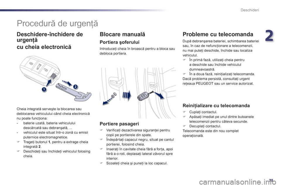 Peugeot 508 RXH 2012  Manualul de utilizare (in Romanian) 2
73
Deschideri
   
 
 
 
 
Procedură de urgenţă 
 
 
Deschidere-închidere de
urgenţă
cu cheia electronică
 
Cheia integrată serveşte la blocarea saudeblocarea vehiculului când cheia electro