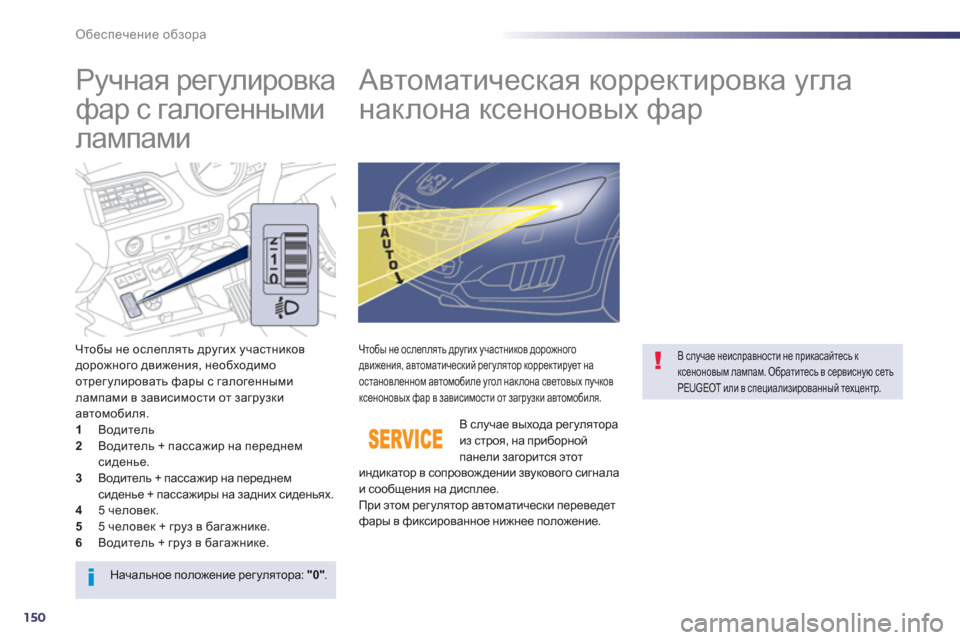 Peugeot 508 RXH 2012  Инструкция по эксплуатации (in Russian) 150
Обеспечение обзора
 
 
 
 
 
 
 
Ручная регулировка 
фар с галогенными 
лампами    
 
 
 
 
 
 
 
Автоматическая коррек