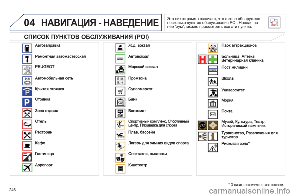 Peugeot 508 RXH 2012  Инструкция по эксплуатации (in Russian) 246
04
   
СПИСОК ПУНКТОВ ОБСЛУЖИВАНИЯ (POI) 
НАВИГАЦИЯ - НАВЕДЕНИЕ 
 
Эта пиктограмма означает, что в зоне обнаружен