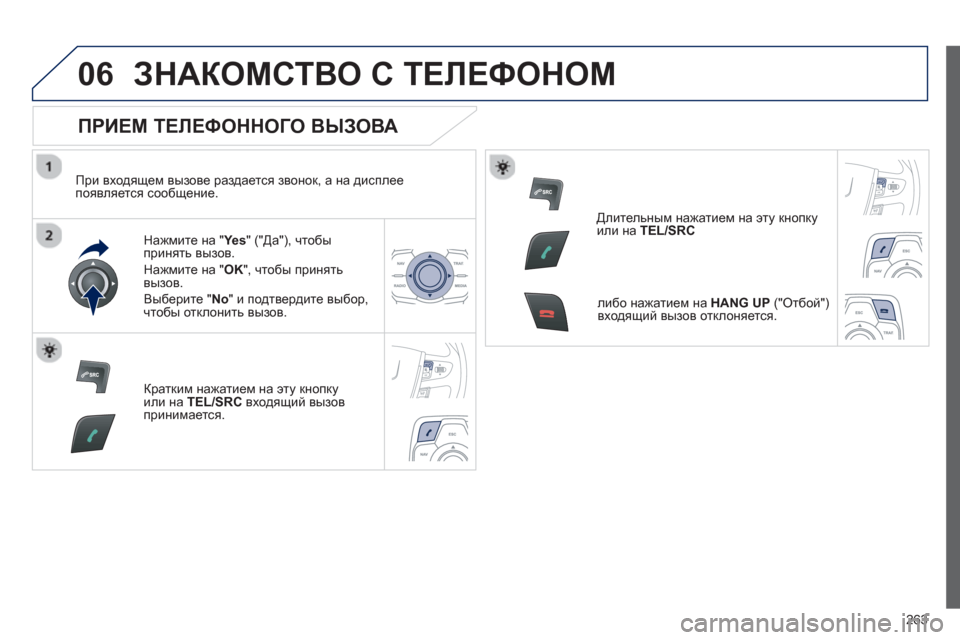 Peugeot 508 RXH 2012 Инструкция по эксплуатации (in Russian) 263
06ЗНАКОМСТВО С ТЕЛЕФОНОМ
ПРИЕМ ТЕЛЕФОННОГО ВЫЗОВА
При входящем вызове раздается звонок, а на дисплее
Peugeot 508 RXH 2012 Инструкция по эксплуатации (in Russian) 263
06ЗНАКОМСТВО С ТЕЛЕФОНОМ
ПРИЕМ ТЕЛЕФОННОГО ВЫЗОВА
При входящем вызове раздается звонок, а на дисплее