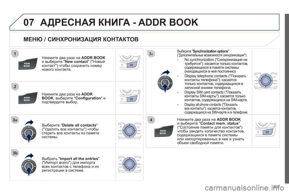 Peugeot 508 RXH 2012 Инструкция по эксплуатации (in Russian) 267
07
МЕНЮ / СИНХРОНИЗАЦИЯ КОНТАКТОВ
Нажмите два раза наADDR BOOKи выберите "New contact
" ("Новый
контакт") чтобы сох Peugeot 508 RXH 2012 Инструкция по эксплуатации (in Russian) 267
07
МЕНЮ / СИНХРОНИЗАЦИЯ КОНТАКТОВ
Нажмите два раза наADDR BOOKи выберите "New contact
" ("Новый
контакт") чтобы сох