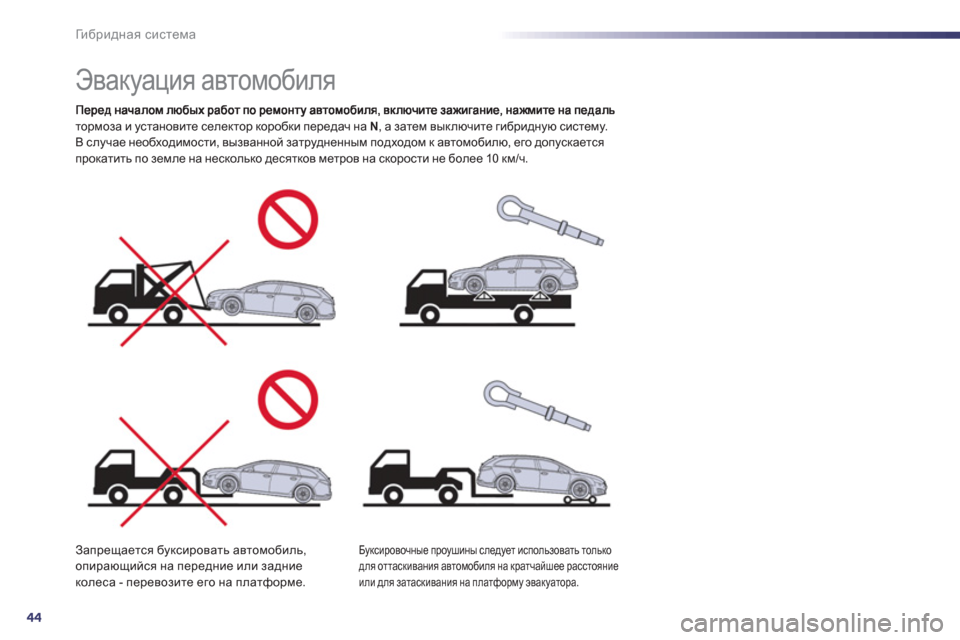 Peugeot 508 RXH 2012 Инструкция по эксплуатации (in Russian) 44
Ги б р и д н а я система
Эвакуация автомобиля
тормоза и установите селектор коробки передач на N
Peugeot 508 RXH 2012 Инструкция по эксплуатации (in Russian) 44
Ги б р и д н а я система
Эвакуация автомобиля
тормоза и установите селектор коробки передач на N