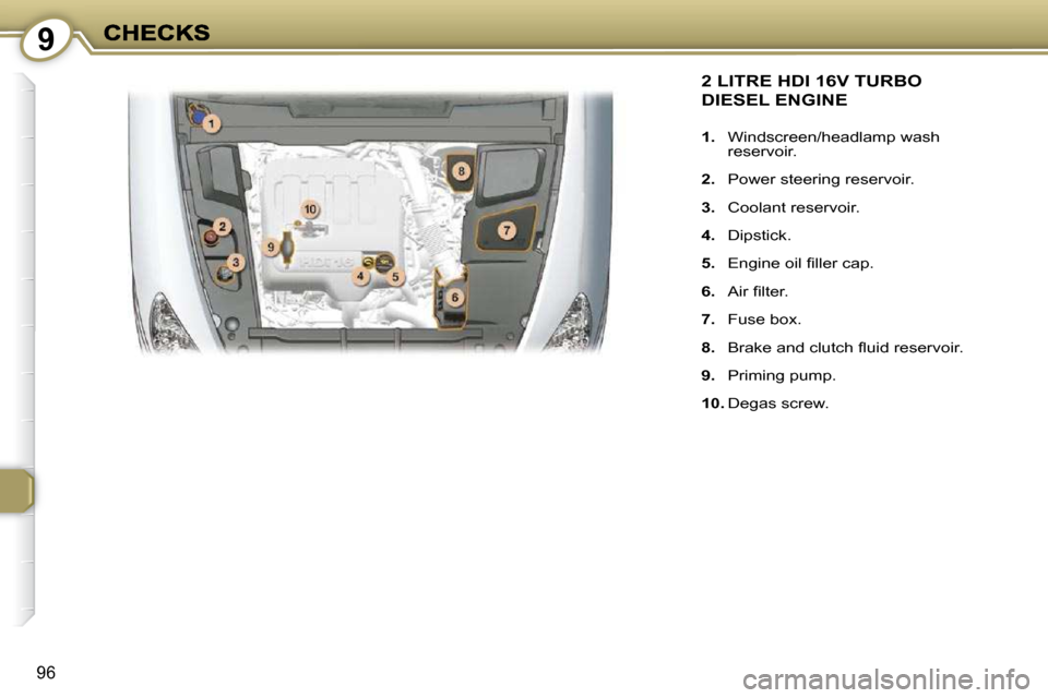 Peugeot 607 Dag 2009  Owners Manual 9
96
 2 LITRE HDI 16V TURBO 
DIESEL ENGINE 
   
1.    Windscreen/headlamp wash 
reservoir. 
  
2.    Power steering reservoir. 
  
3.    Coolant reservoir. 
  
4.    Dipstick. 
  
5. � �  �E�n�g�i�n�e