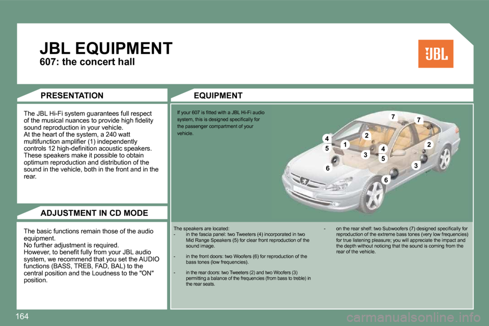 Peugeot 607 Dag 2009  Owners Manual �1�6�4
�6�6
�3�3
11�4�4�2�2
�4�4�2�2
�7�7�7�7
�3�3�5�5
�5�5
�6�6
 JBL EQUIPMENT 
� �T�h�e� �J�B�L� �H�i�-�F�i� �s�y�s�t�e�m� �g�u�a�r�a�n�t�e�e�s� �f�u�l�l� �r�e�s�p�e�c�t� �o�f� �t�h�e� �m�u�s�i�c�a�