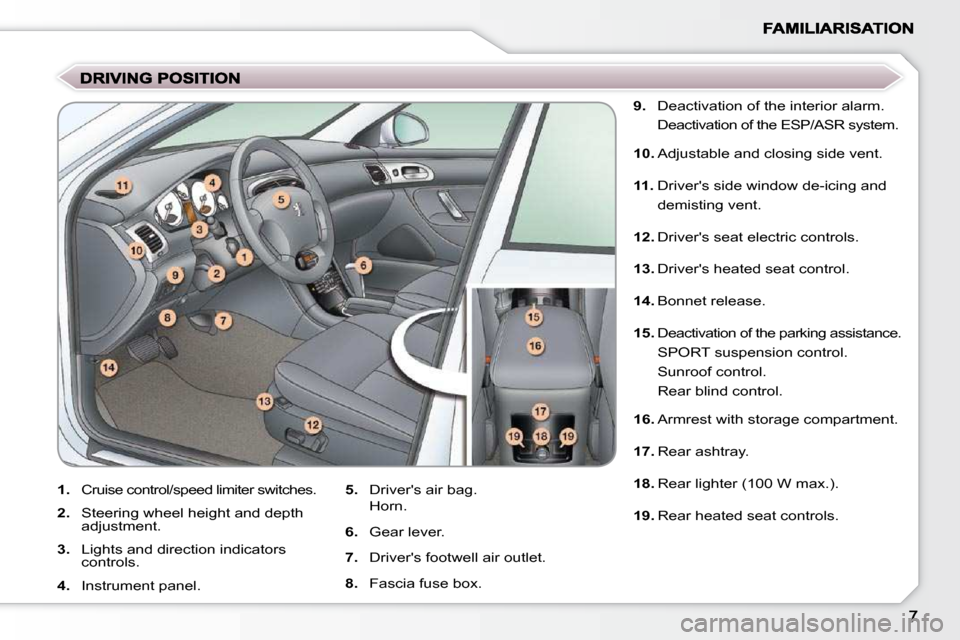 Peugeot 607 Dag 2009  Owners Manual   
9.    Deactivation of the interior alarm.  
  Deactivation of the ESP/ASR system.  
  
10.   Adjustable and closing side vent. 
  
11.   Drivers side window de-icing and 
demisting vent. 
  
12.  
