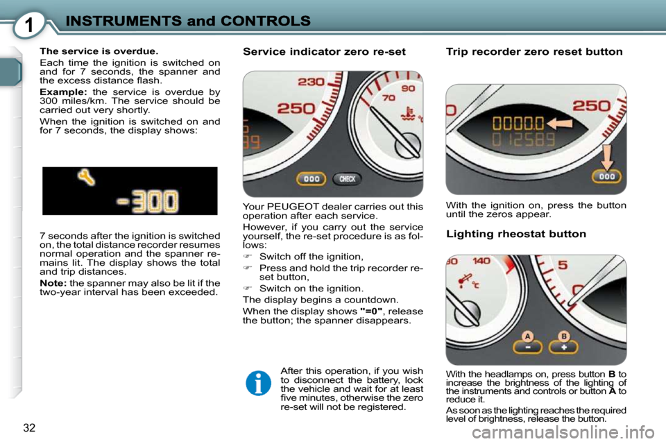 Peugeot 607 Dag 2009  Owners Manual 1
32
  Trip recorder zero reset button 
  Lighting rheostat button 
 With  the  ignition  on,  press  the  button  
until the zeros appear.  
 With the headlamps on, press button  B  to 
increase  the