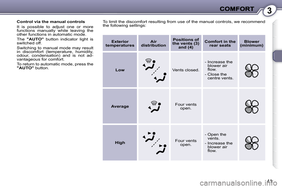 Peugeot 607 Dag 2009  Owners Manual 3
41
 To limit the discomfort resulting from use of the manual controls, we recommend 
the following settings: 
  Control via the manual controls  
 It  is  possible  to  adjust  one  or  more  
funct