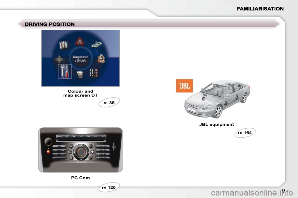 Peugeot 607 Dag 2009  Owners Manual   Colour and  
 map screen DT 
�  120   
  PC Com    JBL equipment 
�  164    
�  36             