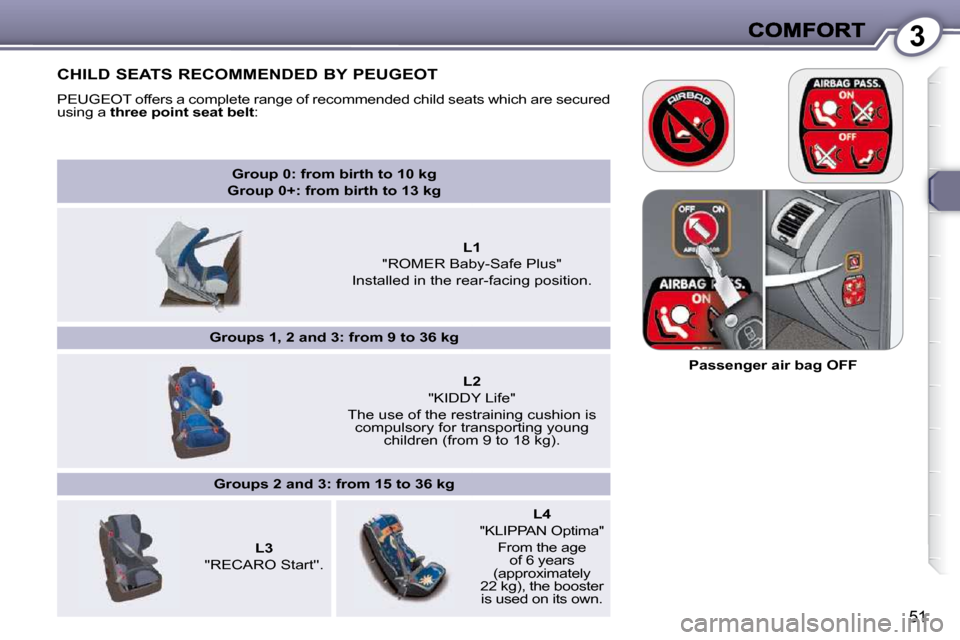 Peugeot 607 Dag 2009 Workshop Manual 3
51
  CHILD SEATS RECOMMENDED BY PEUGEOT 
 PEUGEOT offers a complete range of recommended child seats which are secured 
using a   three point seat belt  : 
   Passenger air bag OFF   
   
Group 0: f