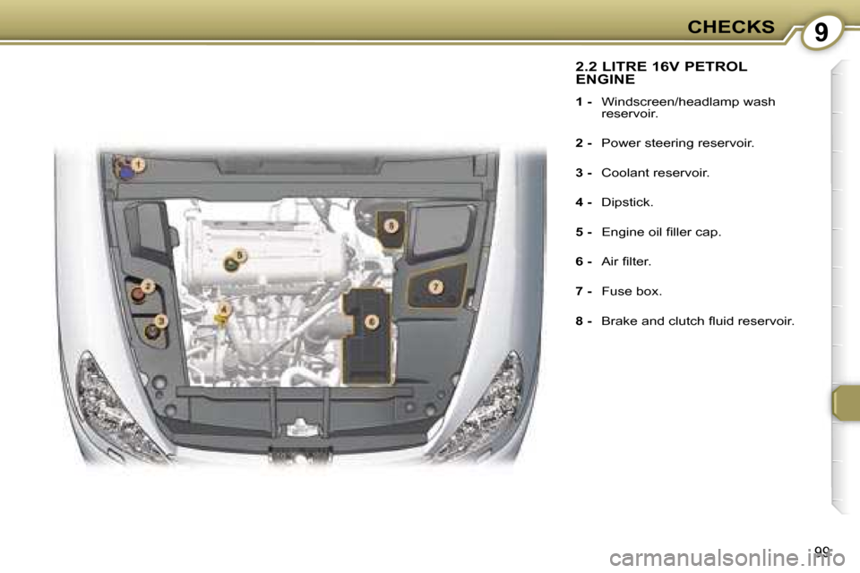 Peugeot 607 Dag 2006  Owners Manual �9�C�H�E�C�K�S
�9�9
�2�.�2� �L�I�T�R�E� �1�6�V� �P�E�T�R�O�L�  
�E�N�G�I�N�E
�1� �-� �W�i�n�d�s�c�r�e�e�n�/�h�e�a�d�l�a�m�p� �w�a�s�h�  
�r�e�s�e�r�v�o�i�r�.
�2� �-�  �P�o�w�e�r� �s�t�e�e�r�i�n�g� �r�
