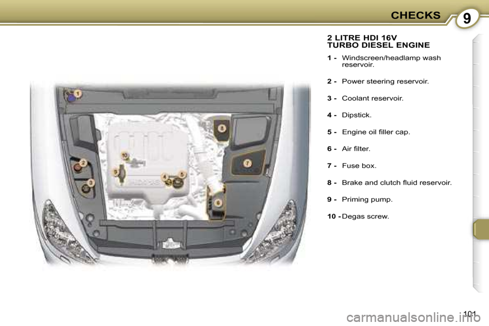 Peugeot 607 Dag 2006  Owners Manual �9�C�H�E�C�K�S
�1�0�1
�2� �L�I�T�R�E� �H�D�I� �1�6�V�  
�T�U�R�B�O� �D�I�E�S�E�L� �E�N�G�I�N�E
�1� �-� �W�i�n�d�s�c�r�e�e�n�/�h�e�a�d�l�a�m�p� �w�a�s�h�  
�r�e�s�e�r�v�o�i�r�.
�2� �- �  �P�o�w�e�r� �s