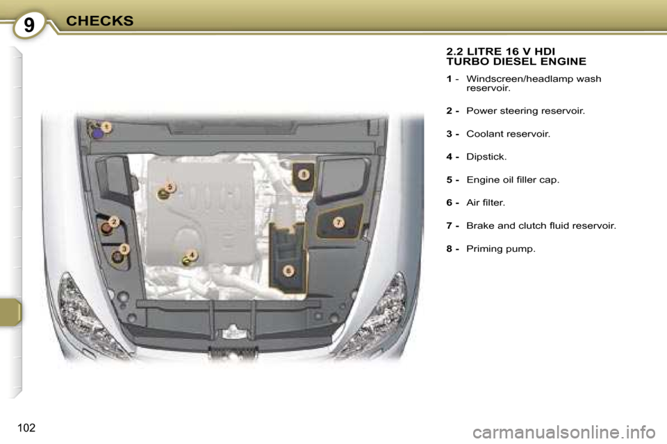 Peugeot 607 Dag 2006  Owners Manual �9�C�H�E�C�K�S
�1�0�2
�2�.�2� �L�I�T�R�E� �1�6� �V� �H�D�I�  
�T�U�R�B�O� �D�I�E�S�E�L� �E�N�G�I�N�E
�1� �-�  �W�i�n�d�s�c�r�e�e�n�/�h�e�a�d�l�a�m�p� �w�a�s�h� 
�r�e�s�e�r�v�o�i�r�.
�2� �-�  �P�o�w�e�