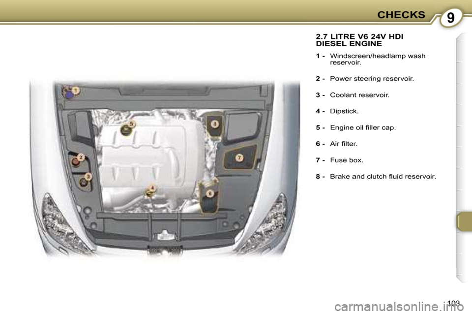 Peugeot 607 Dag 2006  Owners Manual �9�C�H�E�C�K�S
�1�0�3
�2�.�7� �L�I�T�R�E� �V�6� �2�4�V� �H�D�I�  
�D�I�E�S�E�L� �E�N�G�I�N�E
�1� �-�  �W�i�n�d�s�c�r�e�e�n�/�h�e�a�d�l�a�m�p� �w�a�s�h� 
�r�e�s�e�r�v�o�i�r�.
�2� �- �  �P�o�w�e�r� �s�t