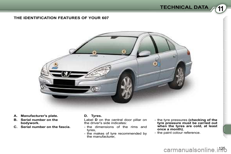 Peugeot 607 Dag 2006  Owners Manual �1�1�T�E�C�H�N�I�C�A�L� �D�A�T�A
�1�2�5
�A�.�  �M�a�n�u�f�a�c�t�u�r�e�r��s� �p�l�a�t�e�. 
�B�.�  �S�e�r�i�a�l� �n�u�m�b�e�r� �o�n� �t�h�e� �b�o�d�y�w�o�r�k�.
�C�.�  �S�e�r�i�a�l� �n�u�m�b�e�r� �o�n� 