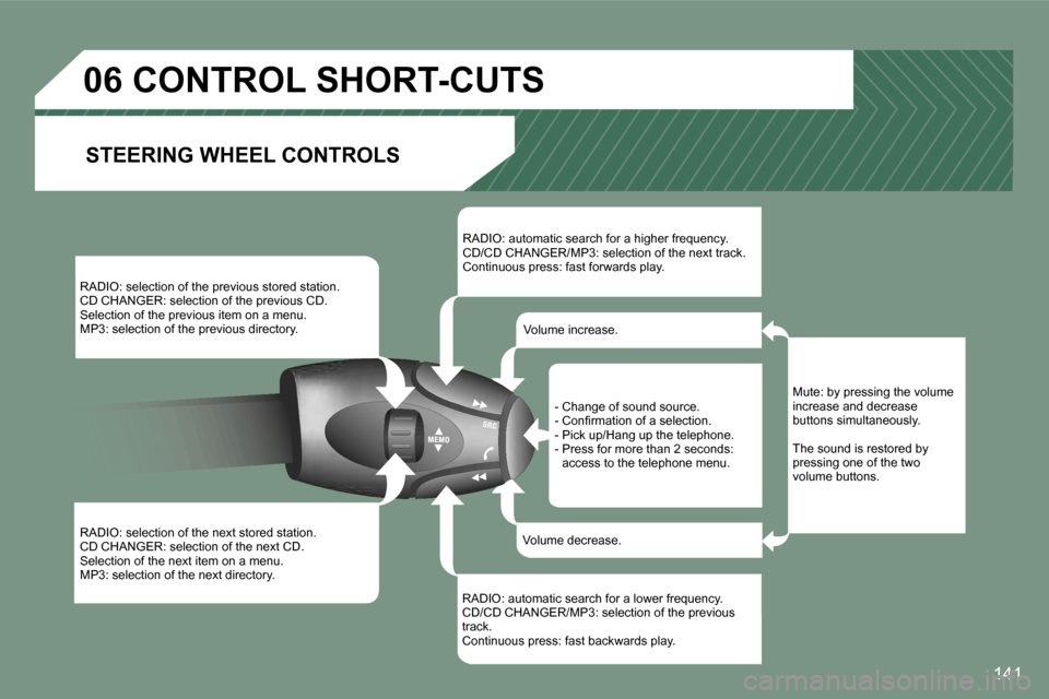 Peugeot 607 Dag 2006  Owners Manual �1�4�1
�R�A�D�I�O�:� �s�e�l�e�c�t�i�o�n� �o�f� �t�h�e� �p�r�e�v�i�o�u�s� �s�t�o�r�e�d� �s�t�a�t�i�o�n�. 
�C�D� �C�H�A�N�G�E�R�:� �s�e�l�e�c�t�i�o�n� �o�f� �t�h�e� �p�r�e�v�i�o�u�s� �C�D�.
�S�e�l�e�c�t