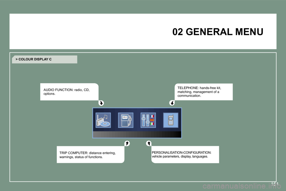 Peugeot 607 Dag 2006  Owners Manual �1�5�1
�0�2� �G�E�N�E�R�A�L� �M�E�N�U
�A�U�D�I�O� �F�U�N�C�T�I�O�N�:� �r�a�d�i�o�,� �C�D�,�  
�o�p�t�i�o�n�s�. �T�E�L�E�P�H�O�N�E�:� �h�a�n�d�s�-�f�r�e�e� �k�i�t�,� 
�m�a�t�c�h�i�n�g�,� �m�a�n�a�g�e�m