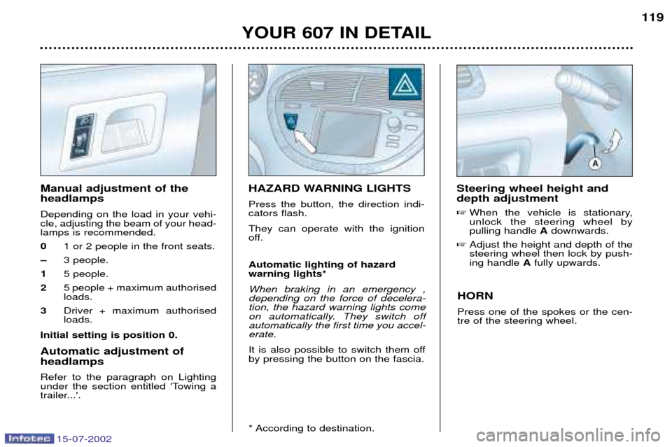 Peugeot 607 Dag 2002.5 User Guide 15-07-2002
YOUR 607 IN DETAIL119
HORN Press one of the spokes or the cen- tre of the steering wheel.
Manual adjustment of the headlamps Depending on the load in your vehi- cle, adjusting the beam of y Peugeot 607 Dag 2002.5 User Guide 15-07-2002
YOUR 607 IN DETAIL119
HORN Press one of the spokes or the cen- tre of the steering wheel.
Manual adjustment of the headlamps Depending on the load in your vehi- cle, adjusting the beam of y