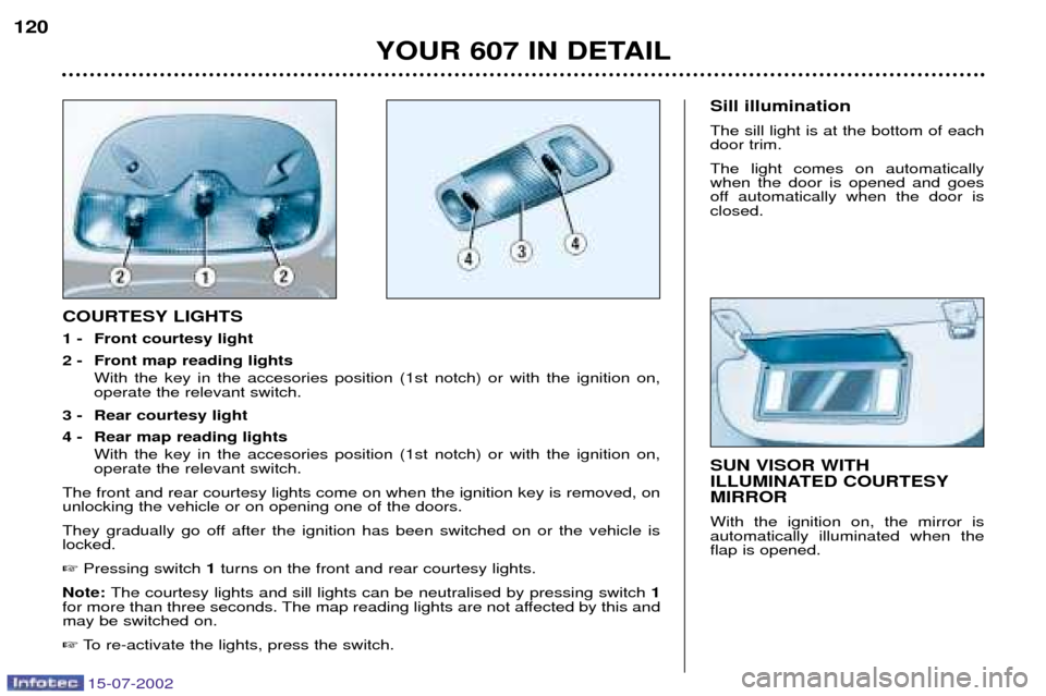 Peugeot 607 Dag 2002.5 Owners Guide 15-07-2002
YOUR 607 IN DETAIL
120
SUN VISOR WITH  
ILLUMINATED COURTESYMIRROR With the ignition on, the mirror is automatically illuminated when theflap is opened. 
COURTESY LIGHTS 
1 - Front courtesy