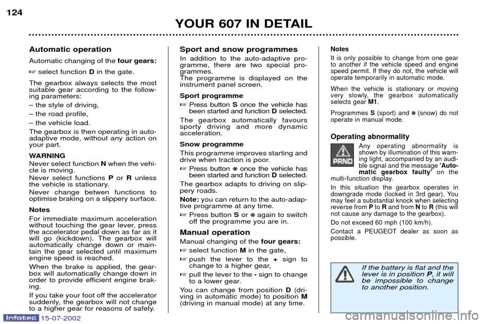 Peugeot 607 Dag 2002.5 Repair Manual 15-07-2002
Notes It is only possible to change from one gear to another if the vehicle speed and enginespeed permit. If they do not, the vehicle willoperate temporarily in automatic mode. When the veh Peugeot 607 Dag 2002.5 Repair Manual 15-07-2002
Notes It is only possible to change from one gear to another if the vehicle speed and enginespeed permit. If they do not, the vehicle willoperate temporarily in automatic mode. When the veh