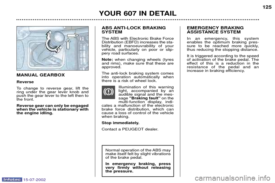 Peugeot 607 Dag 2002.5 Repair Manual 15-07-2002
YOUR 607 IN DETAIL125
EMERGENCY BRAKING
ASSISTANCE SYSTEM
In an emergency, this system enables the optimum braking pres-
sure to be reached more quickly,thus reducing the stopping distanc Peugeot 607 Dag 2002.5 Repair Manual 15-07-2002
YOUR 607 IN DETAIL125
EMERGENCY BRAKING
ASSISTANCE SYSTEM
In an emergency, this system enables the optimum braking pres-
sure to be reached more quickly,thus reducing the stopping distanc