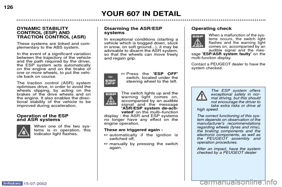 Peugeot 607 Dag 2002.5 Repair Manual 15-07-2002
YOUR 607 IN DETAIL
126
Operating check
When a malfunction of the sys- tems occurs, the switch lightflashes and the warning lightcomes on, accompanied by anaudible signal and the mes-
sage Peugeot 607 Dag 2002.5 Repair Manual 15-07-2002
YOUR 607 IN DETAIL
126
Operating check
When a malfunction of the sys- tems occurs, the switch lightflashes and the warning lightcomes on, accompanied by anaudible signal and the mes-
sage