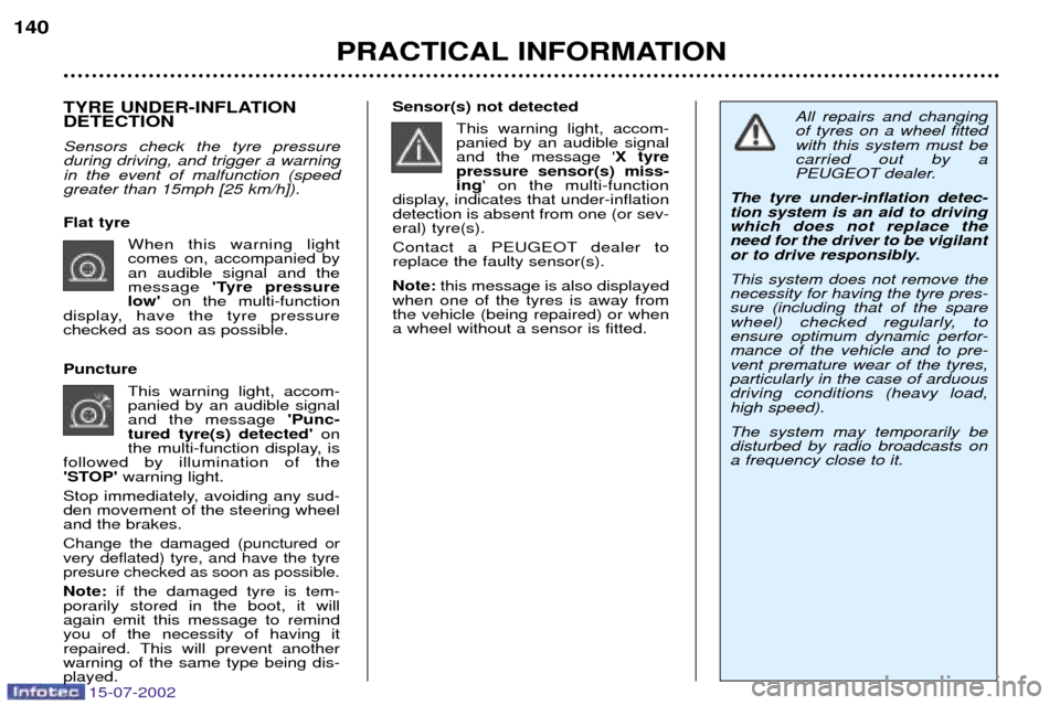 Peugeot 607 Dag 2002.5 Repair Manual 15-07-2002
140TYRE UNDER-INFLATION  DETECTION Sensors check the tyre pressure during driving, and trigger a warningin the event of malfunction (speedgreater than 15mph [25 km/h]). Flat tyre When this 