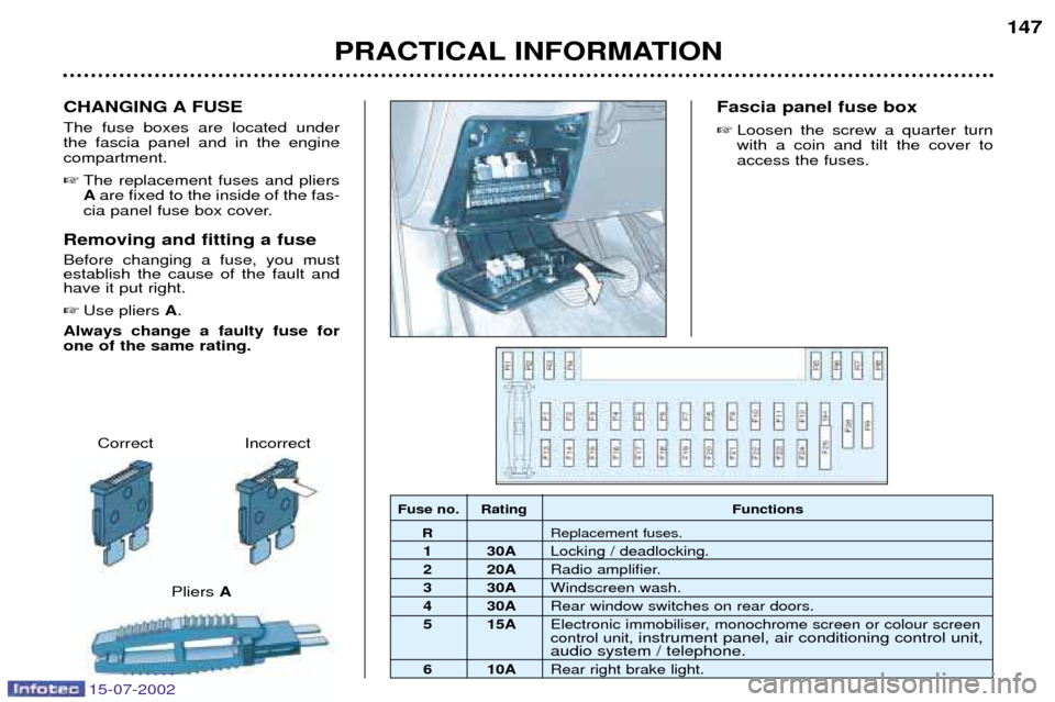 Peugeot 607 Dag 2002.5  Owners Manual 15-07-2002
PRACTICAL INFORMATION147
Correct Incorrect
Pliers A
CHANGING A FUSE The fuse boxes are located under the fascia panel and in the enginecompartment.
 The replacement fuses and pliersAare fi