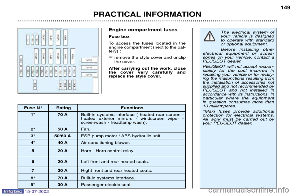 Peugeot 607 Dag 2002.5  Owners Manual 15-07-2002
The electrical system of your vehicle is designedto operate with standardor optional equipment. Before installing other
electrical equipment or acces- sories on your vehicle, contact a
PEUG
