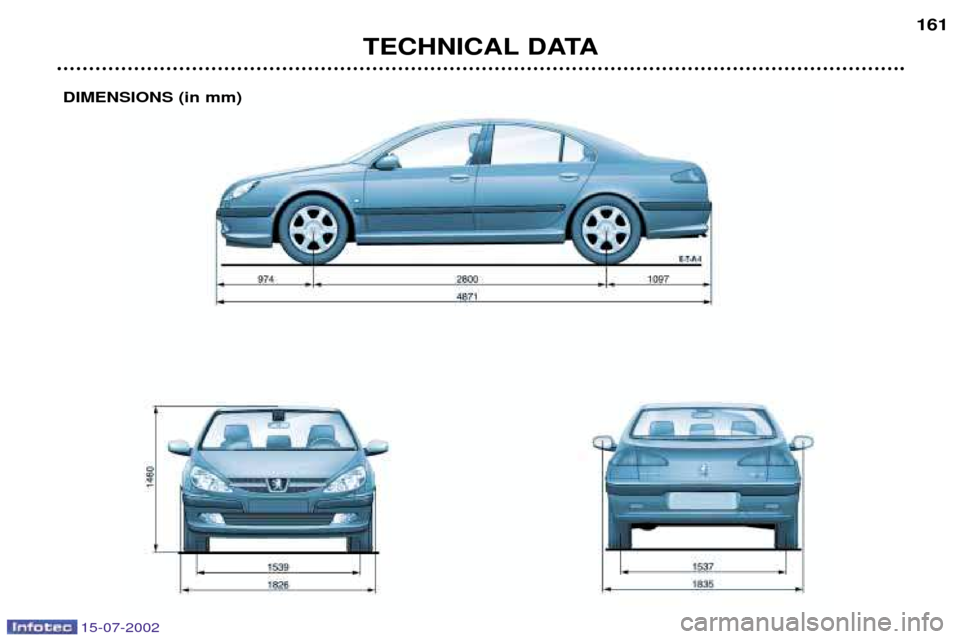 Peugeot 607 Dag 2002.5  Owners Manual 15-07-2002
TECHNICAL DATA161
DIMENSIONS (in mm)   