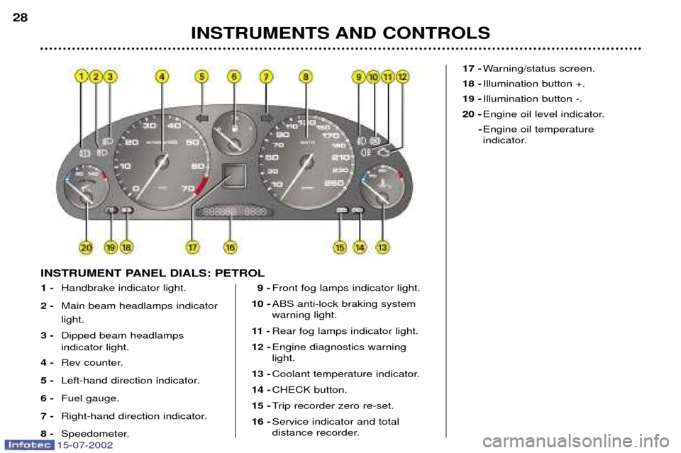 Peugeot 607 Dag 2002.5  Owners Manual 15-07-2002
INSTRUMENTS AND CONTROLS
28
1 -
Handbrake indicator light.
2 - Main beam headlamps indicator light.
3 -  Dipped beam headlamps  indicator light.
4 - Rev counter.
5 - Left-hand direction ind