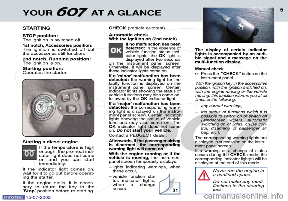 Peugeot 607 Dag 2002.5 Owners Manual YOUR AT A GLANCE5
STARTING
STOP position:
The ignition is switched off.
1st notch, Accessories position:The ignition is switched off butthe accessories still function. 2nd notch, Running position: Peugeot 607 Dag 2002.5 Owners Manual YOUR AT A GLANCE5
STARTING
STOP position:
The ignition is switched off.
1st notch, Accessories position:The ignition is switched off butthe accessories still function. 2nd notch, Running position: