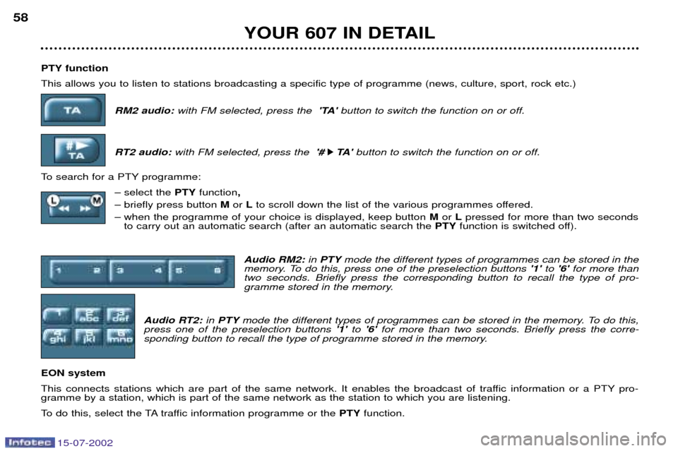 Peugeot 607 Dag 2002.5 Workshop Manual 15-07-2002
PTY function This allows you to listen to stations broadcasting a specific type of programme (news, culture, sport, rock etc.)RM2 audio: with FM selected, press the TAbutton to switch th Peugeot 607 Dag 2002.5 Workshop Manual 15-07-2002
PTY function This allows you to listen to stations broadcasting a specific type of programme (news, culture, sport, rock etc.)RM2 audio: with FM selected, press the TAbutton to switch th