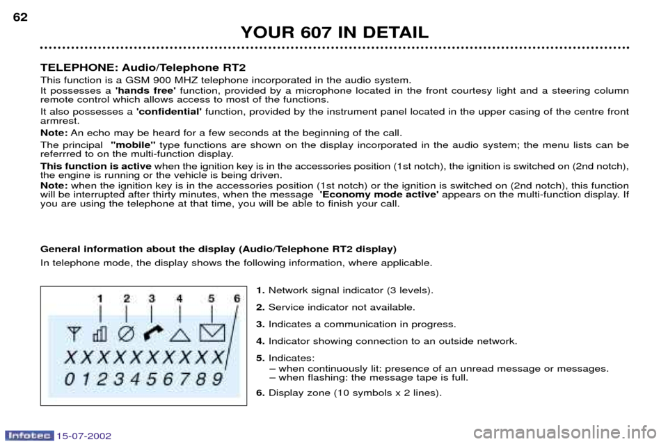 Peugeot 607 Dag 2002.5  Owners Manual 15-07-2002
TELEPHONE: Audio/Telephone RT2  This function is a GSM 900 MHZ telephone incorporated in the audio system. It possesses a hands freefunction, provided by a microphone located in the front