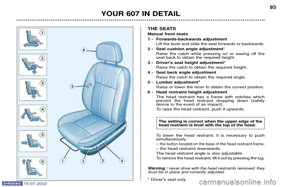 Peugeot 607 Dag 2002.5 Owners Manual 15-07-2002
YOUR 607 IN DETAIL93
THE SEATS Manual front seats
1 -  Forwards-backwards adjustment
Lift the lever and slide the seat forwards or backwards.
2 -  Seat cushion angle adjustment *
Raise the 