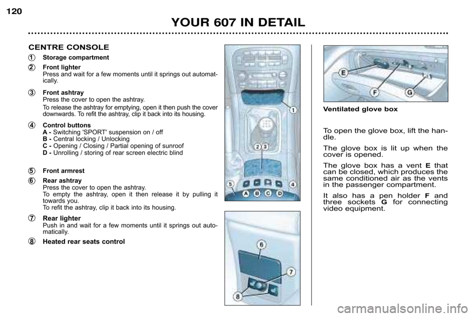 Peugeot 607 Dag 2002  Owners Manual YOUR 607 IN DETAIL
120
4   Control buttons
A� Switching SPORT suspension on / off
B �  Central locking / Unlocking
C �  Opening / Closing / Partial opening of sunroof 
D �  Unrolling / storing of re