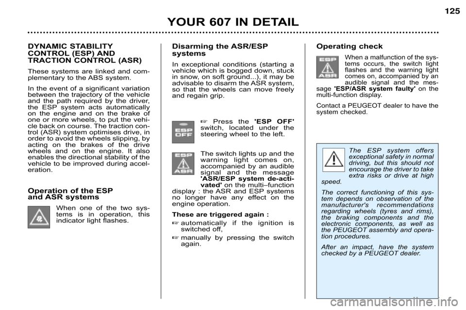 Peugeot 607 Dag 2002 Service Manual Operating check
When a malfunction of the sys�
tems  occurs,  the  switch  light 
flashes  and  the  warning  light
comes on, accompanied by an
audible  signal  and  the  mes�
sage  ESP/ASR  system  