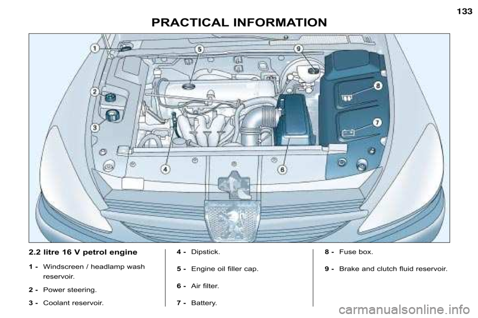 Peugeot 607 Dag 2002 Service Manual 133
PRACTICAL INFORMATION
2.2 litre 16 V petrol engine 
1 -Windscreen / headlamp wash 
reservoir.
2 - Power steering.
3 - Coolant reservoir. 4 -
Dipstick.
5 - Engine oil filler cap. 
6 - Air filter.
7